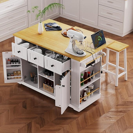 Rolling Kitchen Island with Drop Leaf & Power Outlet, Large Kitchen Islands Cart on Wheels, Movable Kitchen Island with 5 Open Storage Shelves & Towel Rack for Kitchen, Dining Room, 53-Inch, White