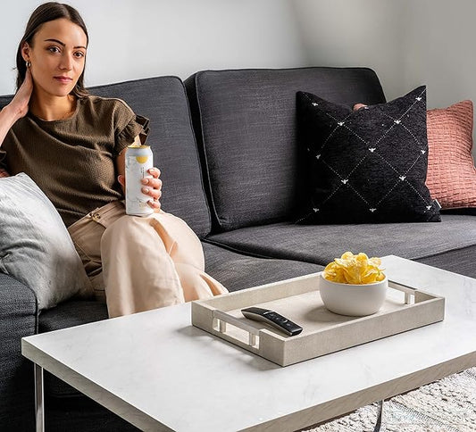 Modern Elegant 17.5"x12" Rectangle Natural Ivory Beige Faux Leather Shagreen Decorative Tray Ottoman Coffee Table Perfume Vanity Kitchen Serving Tray with Silver Metal Handles by Home Redefined.