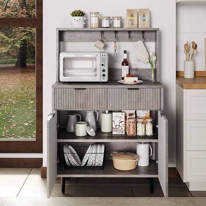GarveeHome Fluted Sideboard Buffet Cabinet with Storage, Modern Coffee Bar Cabinet with Adjustable Shelves & 2 Drawers, Wood Buffet Console Table for Dining Room Living Room Kitchen Entryway, Grey