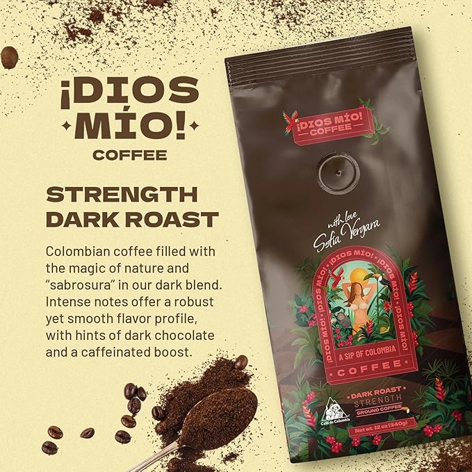 Dios Mio Coffee by Sofia Vergara, Dark Roast, Ground Premium Colombian Coffee, 12 Ounce Bag (Pack of 2)