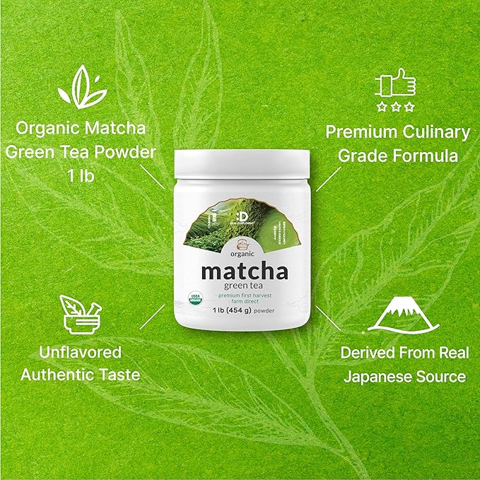 Organic Matcha Green Tea Powder, 1 lb (454g) | First Harvest, Culinary Grade | Japanese Sourced Cafe Mix | Zero Sugar, Keto Friendly, Non-GMO, Vegetarian