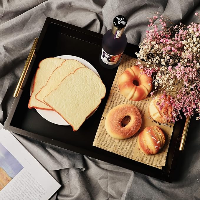 JJSQYLAN Wooden Serving Tray with Handles Rectangle Breakfast Tray for Coffee Table Decorative Ottoman Tray 16”x 12” for All Occasion's (Dark Brown)