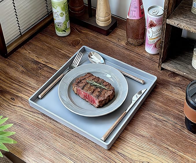 Gray Square Tray 11 Inch - 3 Pack Organization | Multi-Purpose Tray for Ottoman, Coffee Table, Dresser, Bathroom Countertop & Kitchen | Organizer for Makeup, Jewelry, Remote & Snacks