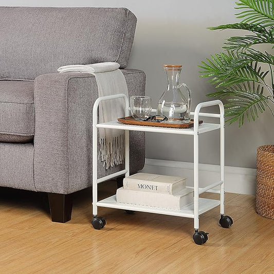 SunnyPoint 2-Tier Metal Rolling Utility Cart – Mobile Storage Shelf with Caster Wheels – Small Space Organizer for Home, Office, Bedroom, Kitchen (WHT) (Pack of 2)