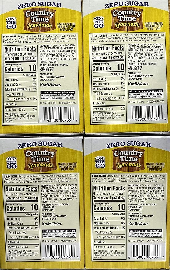 Country Time Lemonade Sugar Free On the Go! 6 Packets Powder (pack of 4) Gluten Free