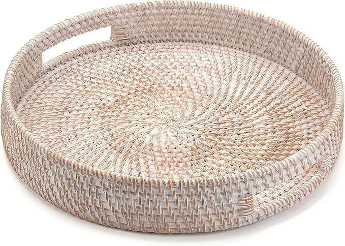 14" Round Rattan Tray, Hand Woven Serving Tray with Handles, Wicker Serving Basket, Decorative Tray for Home Decor, Whitewash