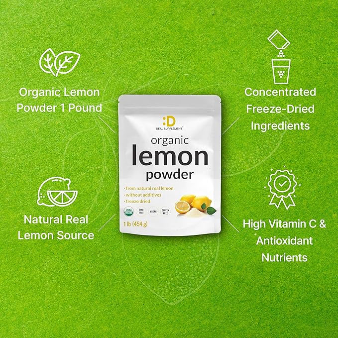 Organic Lemon Powder, 1lb – Real Freeze-Dried Source – Rich in Essential Vitamin C – Natural Immune Support – Raw Lemon Juice Flavor & Aroma – Non-GMO, Filler Free, No Sugar