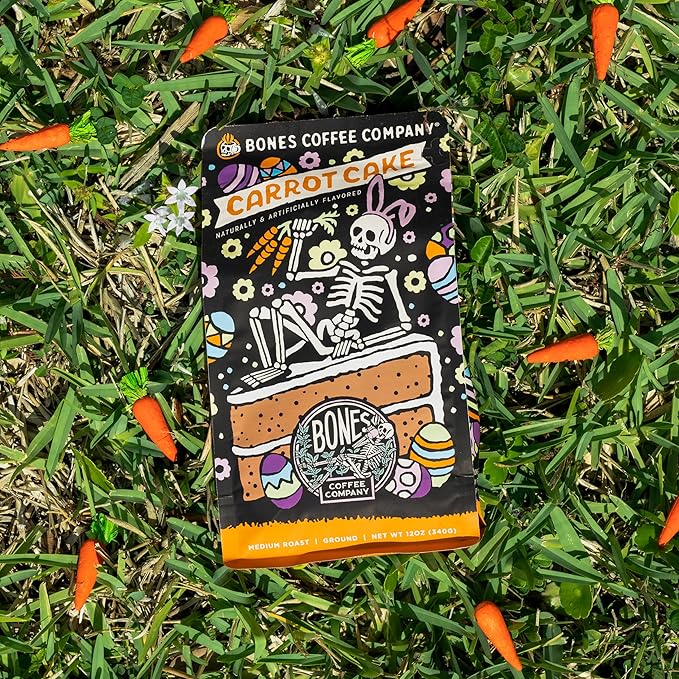 Bones Coffee Company Carrot Cake with Sweet Cream Cheese Flavored Coffee, Medium Roast Low Acid Arabica Beans Compatible with Auto drip and French Press Coffee Maker, 12 Oz Ground