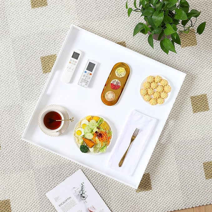 Large White Acrylic Serving Tray with Handles-19x19x2H Inch Big Size Spill Proof Tray for Ottoman,Coffee Table, Breakfast, Tea, Food, Butler -Safe Edge Organizer-Decorative