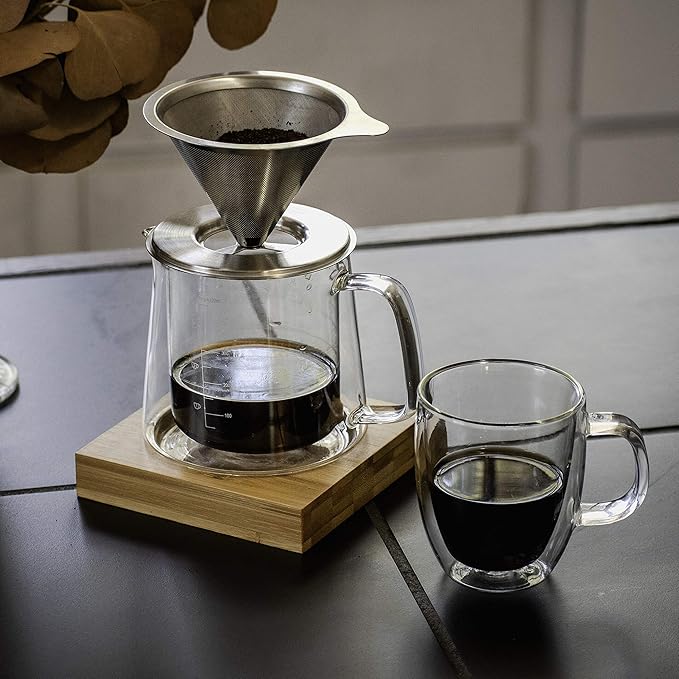 Brew To A Tea BTaT- Pour Over Coffee Maker Set, Double Wall Glass, 16 oz, Drip Coffee Maker Pour Over, Permanent Filter