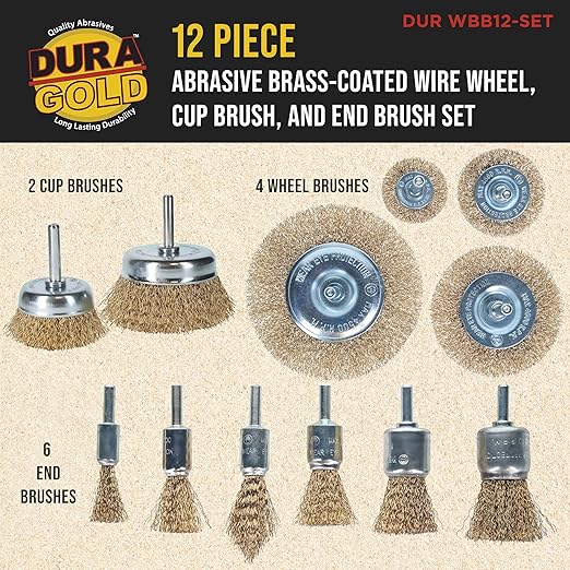 Dura-Gold 12-Piece Abrasive Brass-Coated Wire Wheel, Cup Brush, and End Brush Set, 1/4" Drill Shank, Carbon Steel Bristles - Surface Prep Grinding, Stripping Metal, Clean Remove Rust, Corrosion, Paint