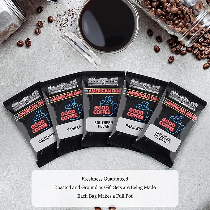 Coffee Lovers Gifts Basket - Gift Sets Include Temperature Retention Insulated Cup and 5 Special Blend Full Pot Ground-Coffee Samplers Presented in Beautiful Gift Bag For Women & Men