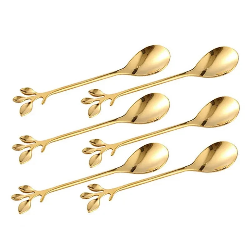6PCS Creative Personality Stainless Steel Gold Spoons Tree Leaf Spoon Coffee Spoon Tea Spoon Home Restaurant Dessert Cutlery Set